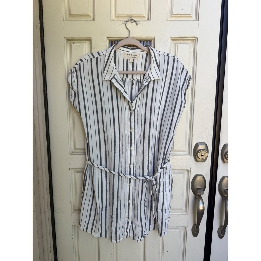 Cloth & Stone Womens Linen Blend Striped Button Down Shirt Dress Grey Size Large